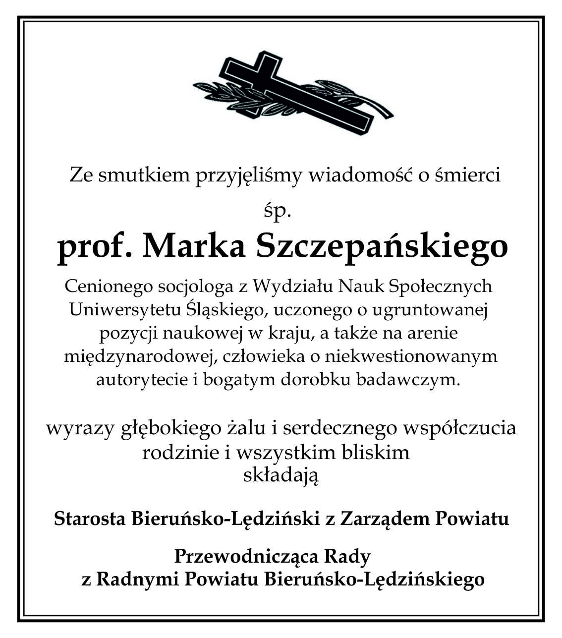 Kondolencje prof. M. Szczepański